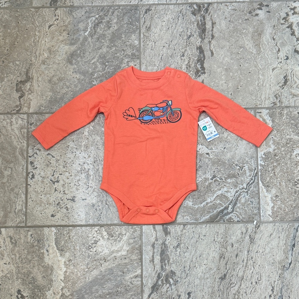 NWT Size 12months Garanimals Orange Motorcycle Print long sleeve Onesie